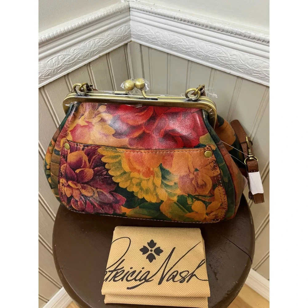 Patricia Nash Floral Leather Kiss Lock Satchel Bag Multi Color Vintage Style NEW